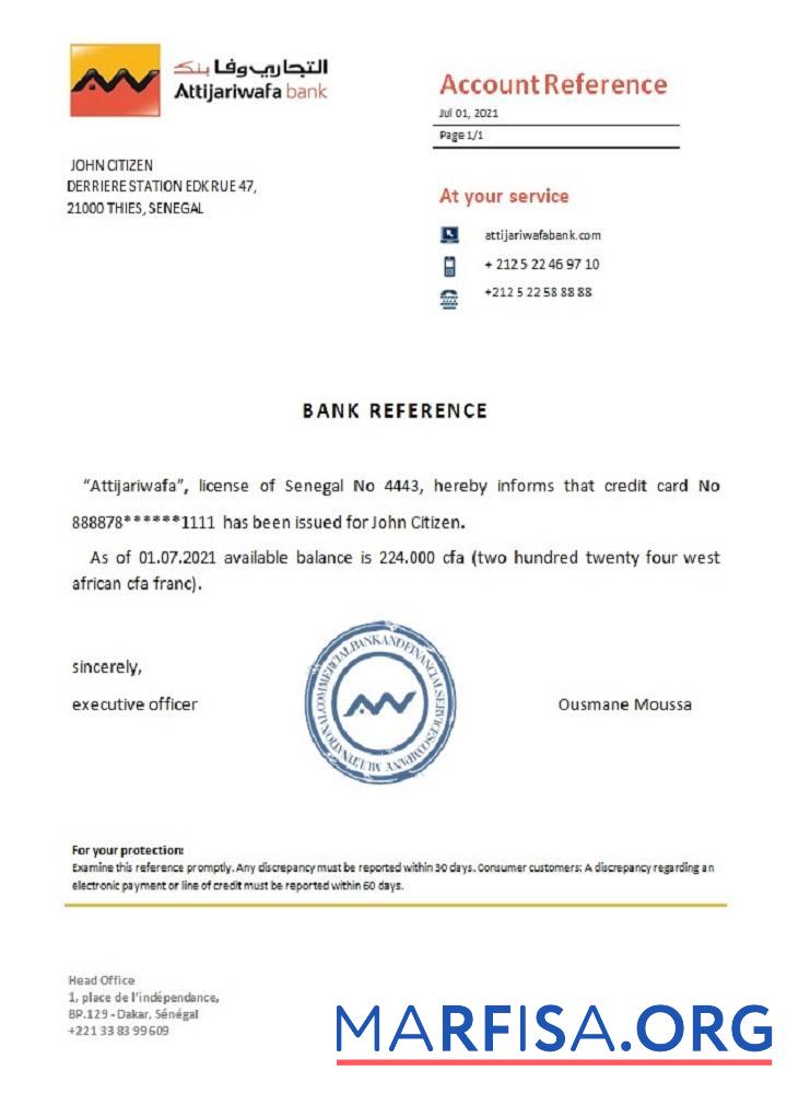 Blank Senegal Attijariwafa bank reference real example